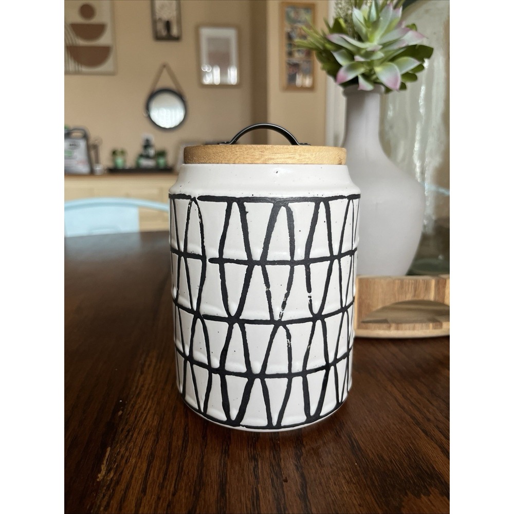 The Old Pottery Company Coffee Canister Wood Lid 6 Inches Geometric